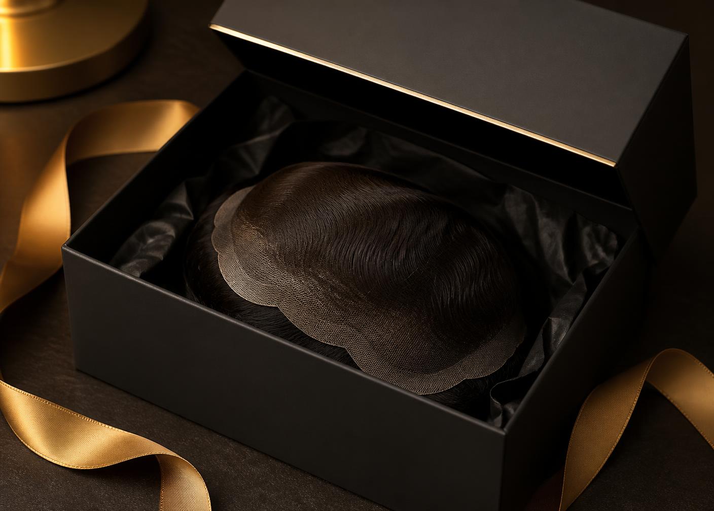 Hair system packed in discreet black packaging ready to ship worldwide